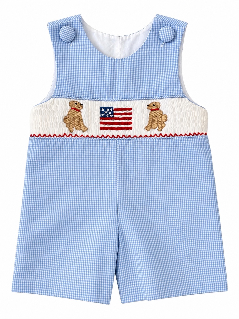 Stitchy Fish Pups & Pride Smocked Jon Jon Blue Gingham Patriotic Puppy Size 9 mo